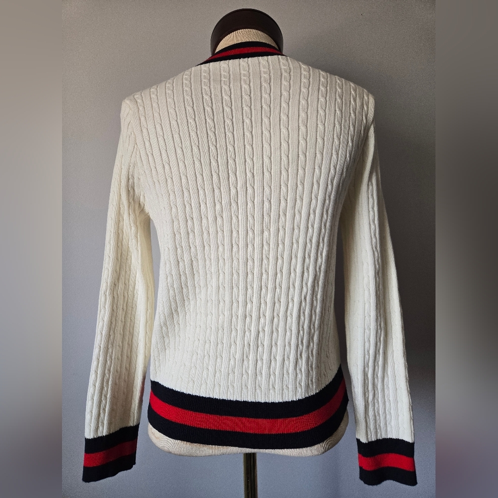 YANA Cream with Navy and Red Nautical Preppy Cardigan Sweater With Bow. Small - Picture 5 of 9